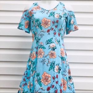 Blue Floral Cold Shoulder A Line Dress